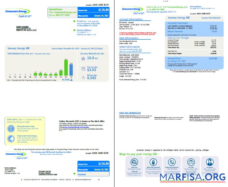 Printable USA Consumers Energy utility bill template in Word and PDF formats, 2 pages, vesion 3